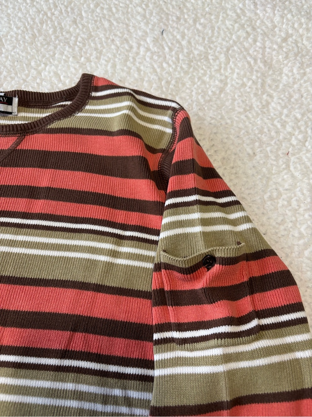 Vintage Lesley Fay Sport Horizontal Earthy Colors Striped Ribbed Knit Top Size M - Picture 4 of 8